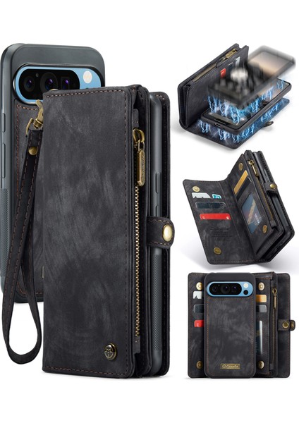Pixel 9 Pro Xl Için Vintage Çok Fonksiyonlu Deri Flip Cüzdan Kart Yuvaları Telefon Kılıfı - Siyah (Yurt Dışından)