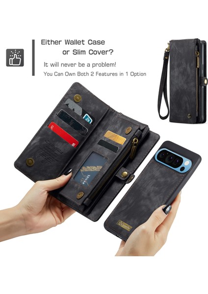 Pixel 9 Pro Xl Için Vintage Çok Fonksiyonlu Deri Flip Cüzdan Kart Yuvaları Telefon Kılıfı - Siyah (Yurt Dışından)
