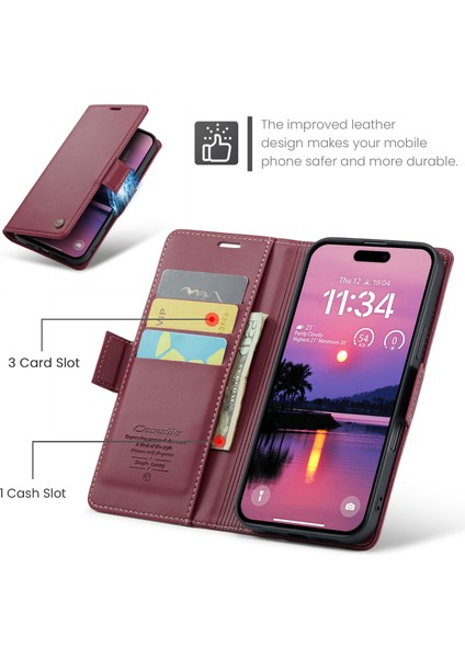 iPhone 16 Pro Max Için Pu Deri Standli Cüzdan Flip Telefon Kılıfı - Kırmızı (Yurt Dışından)
