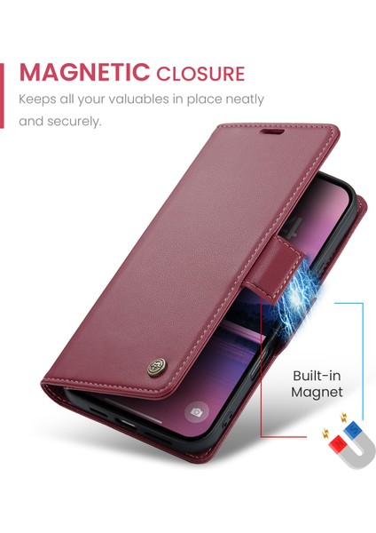 iPhone 16 Pro Max Için Pu Deri Standli Cüzdan Flip Telefon Kılıfı - Kırmızı (Yurt Dışından)