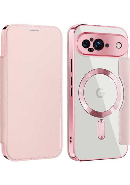 Pixel 9 Için Magsafe Şeffaf Elektrokaplama Manyetik Pu Deri Telefon Kılıfı - Pembe (Yurt Dışından)