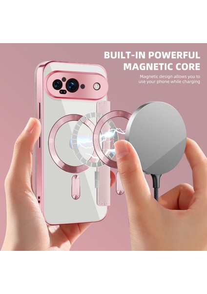 Pixel 9 Için Magsafe Şeffaf Elektrokaplama Manyetik Pu Deri Telefon Kılıfı - Pembe (Yurt Dışından)