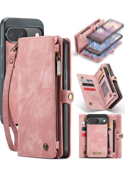 Pixel 9 Için Vintage Çok Fonksiyonlu Deri Flip Cüzdan Kart Yuvaları Telefon Kılıfı - Pembe (Yurt Dışından)