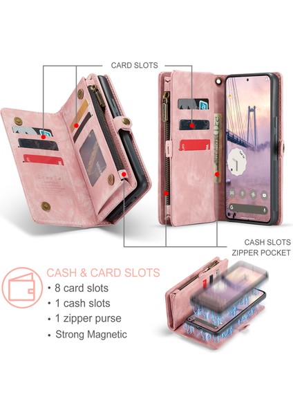Pixel 9 Için Vintage Çok Fonksiyonlu Deri Flip Cüzdan Kart Yuvaları Telefon Kılıfı - Pembe (Yurt Dışından)