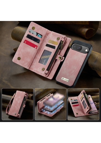 Pixel 9 Için Vintage Çok Fonksiyonlu Deri Flip Cüzdan Kart Yuvaları Telefon Kılıfı - Pembe (Yurt Dışından)
