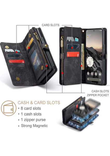 Pixel 9 Için Vintage Çok Fonksiyonlu Deri Flip Cüzdan Kart Yuvaları Telefon Kılıfı - Siyah (Yurt Dışından)