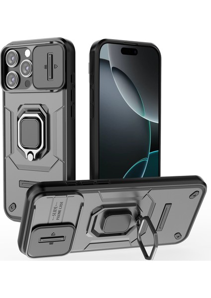 iPhone 16 Pro Için Slide Lens Koruma Kılıfı Hibrit Dayanıklı Halka Destekli Telefon Kılıfı - Siyah (Yurt Dışından)
