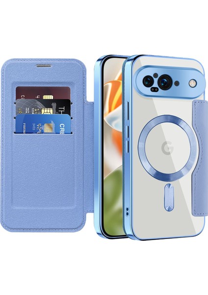 Pixel 9 Için Magsafe Şeffaf Elektrokaplama Manyetik Pu Deri Telefon Kılıfı - Mavi (Yurt Dışından)