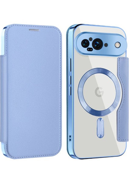 Pixel 9 Için Magsafe Şeffaf Elektrokaplama Manyetik Pu Deri Telefon Kılıfı - Mavi (Yurt Dışından)