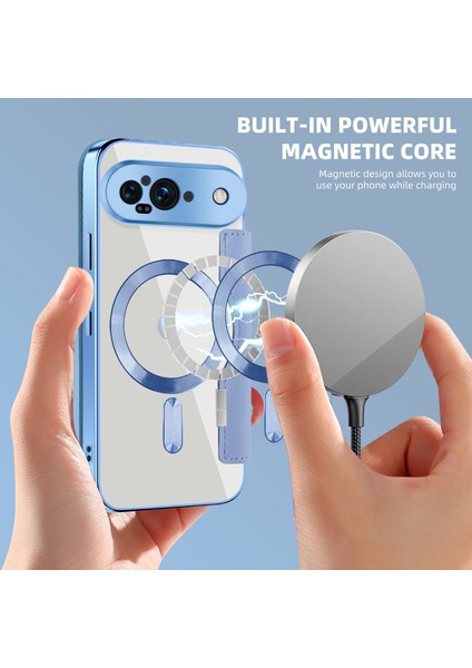 Pixel 9 Için Magsafe Şeffaf Elektrokaplama Manyetik Pu Deri Telefon Kılıfı - Mavi (Yurt Dışından)