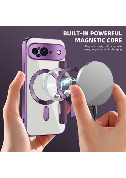 Pixel 9 Için Magsafe Şeffaf Elektrokaplama Manyetik Pu Deri Telefon Kılıfı - Mor (Yurt Dışından)