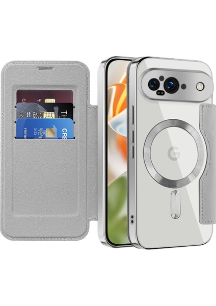 Pixel 9 Için Magsafe Şeffaf Elektrokaplama Manyetik Pu Deri Telefon Kılıfı - Gümüş (Yurt Dışından)