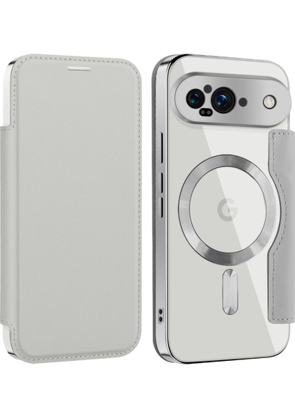 Pixel 9 Için Magsafe Şeffaf Elektrokaplama Manyetik Pu Deri Telefon Kılıfı - Gümüş (Yurt Dışından)