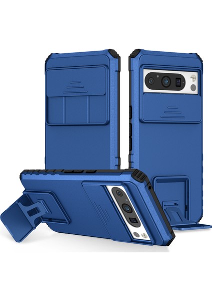 Pixel 8 Pro Kayar Kamera Kapaklı Sağlam Standı Telefon Kılıfı - Mavi (Yurt Dışından)