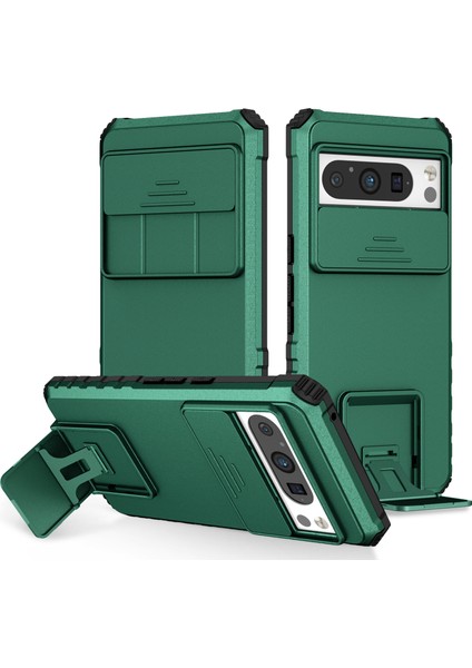Pixel 8 Pro Kayar Kamera Kapaklı Sağlam Standı Telefon Kılıfı - Yeşil (Yurt Dışından)