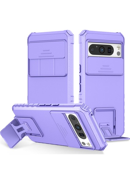 Pixel 8 Pro Kayar Kamera Kapaklı Sağlam Standı Telefon Kılıfı - Mor (Yurt Dışından)