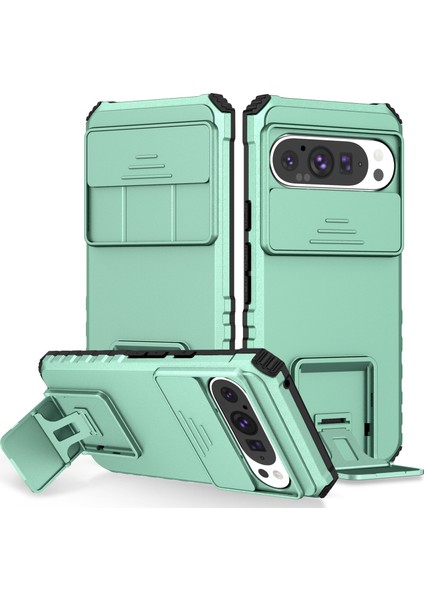 Pixel 9 Kayar Kamera Kapaklı Sağlam Standı Telefon Kılıfı - Yeşil - Turkuaz (Yurt Dışından)