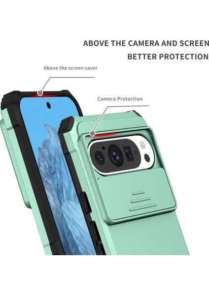 Pixel 9 Kayar Kamera Kapaklı Sağlam Standı Telefon Kılıfı - Yeşil - Turkuaz (Yurt Dışından)