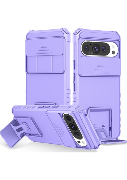 Pixel 9 Kayar Kamera Kapaklı Sağlam Standı Telefon Kılıfı - Mor (Yurt Dışından)