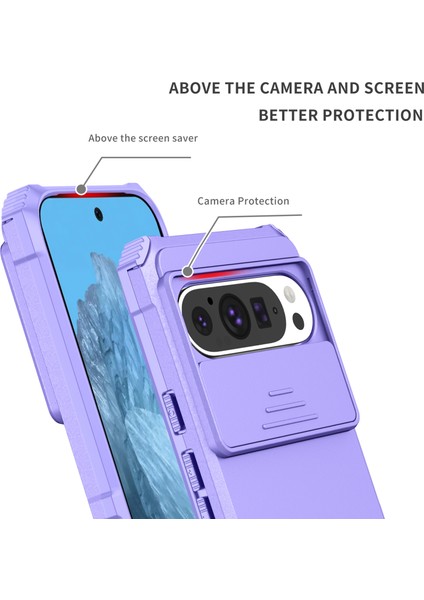 Pixel 9 Kayar Kamera Kapaklı Sağlam Standı Telefon Kılıfı - Mor (Yurt Dışından)