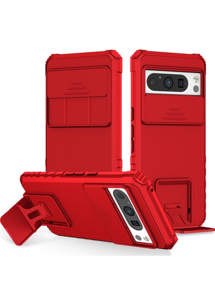 Pixel 8 Pro Kayar Kamera Kapaklı Sağlam Standı Telefon Kılıfı - Kırmızı (Yurt Dışından)