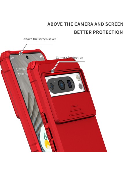 Pixel 8 Pro Kayar Kamera Kapaklı Sağlam Standı Telefon Kılıfı - Kırmızı (Yurt Dışından)