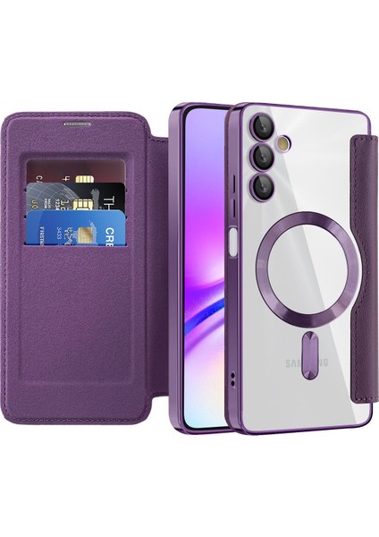 Samsung Galaxy A05S Için Magsafe Şeffaf Elektrokaplama Manyetik Pu Deri Telefon Kılıfı - Mor (Yurt Dışından)
