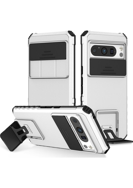 Pixel 8 Pro Kayar Kamera Kapaklı Sağlam Standı Telefon Kılıfı - Beyaz (Yurt Dışından)