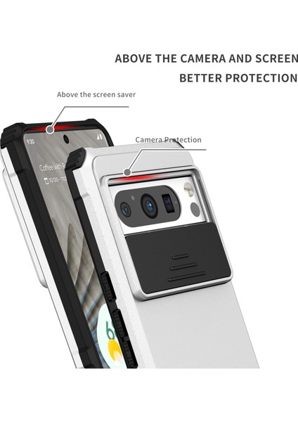 Pixel 8 Pro Kayar Kamera Kapaklı Sağlam Standı Telefon Kılıfı - Beyaz (Yurt Dışından)