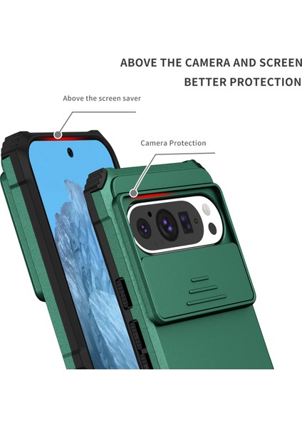 Pixel 9 Kayar Kamera Kapaklı Sağlam Standı Telefon Kılıfı - Yeşil (Yurt Dışından)