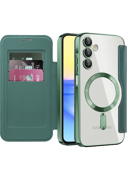 Samsung Galaxy A15 Için Magsafe Şeffaf Elektrokaplama Manyetik Pu Deri Telefon Kılıfı - Yeşil (Yurt Dışından)