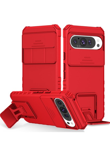 Pixel 9 Kayar Kamera Kapaklı Sağlam Standı Telefon Kılıfı - Kırmızı (Yurt Dışından)