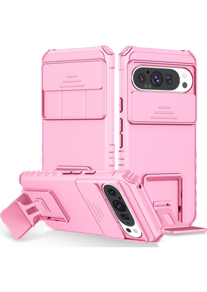 Pixel 9 Kayar Kamera Kapaklı Sağlam Standı Telefon Kılıfı - Pembe (Yurt Dışından)