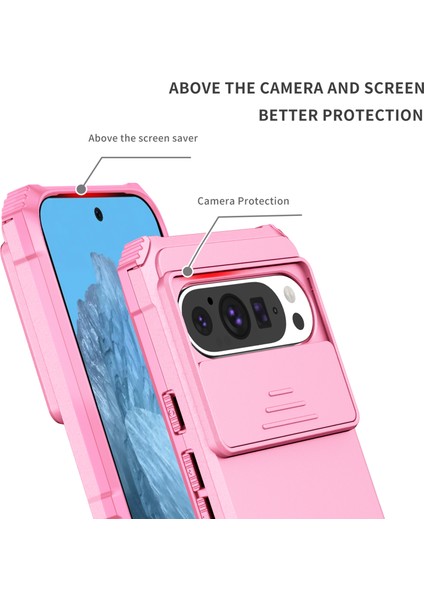 Pixel 9 Kayar Kamera Kapaklı Sağlam Standı Telefon Kılıfı - Pembe (Yurt Dışından)