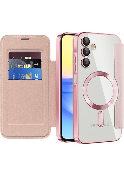 Samsung Galaxy A15 Için Magsafe Şeffaf Elektrokaplama Manyetik Pu Deri Telefon Kılıfı - Pembe (Yurt Dışından)