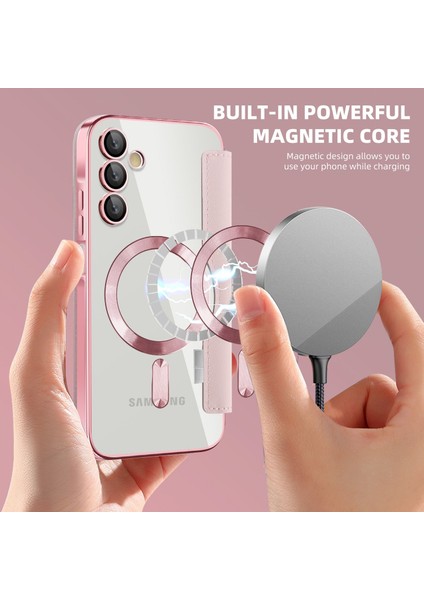 Samsung Galaxy A15 Için Magsafe Şeffaf Elektrokaplama Manyetik Pu Deri Telefon Kılıfı - Pembe (Yurt Dışından)