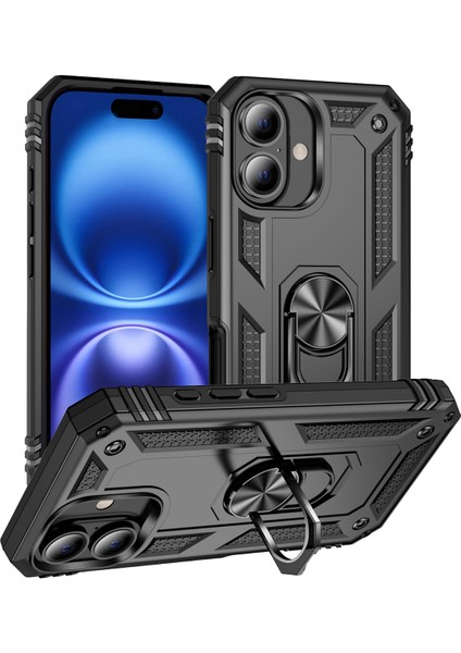 iPhone 16 Için Halka Tutuculu Çift Katmanlı Telefon Kılıfı - Siyah (Yurt Dışından)