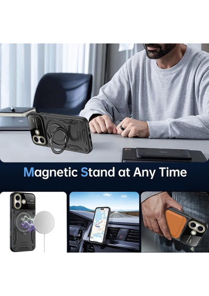 iPhone 16 Plus Için Çift Katmanlı Manyetik Halka Standı Magsafe Telefon Kılıf Lens Kapağı ile - Kırmızı (Yurt Dışından)