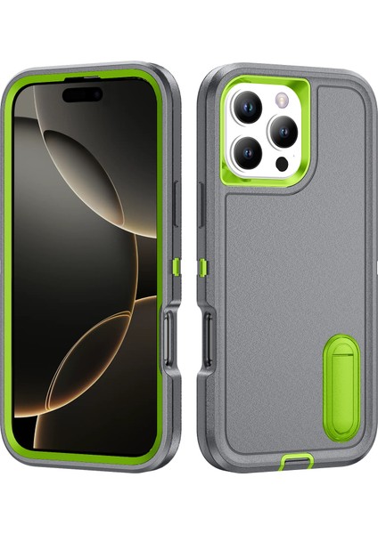 iPhone 16 Pro Max Için Hibrit Yumuşak Silikon Sert Pc Arka Tampon Stand Telefon Kılıfı - Gri (Yurt Dışından)