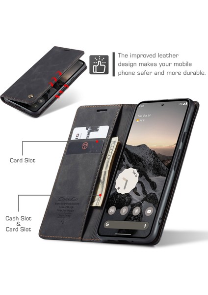 Pixel 9 Için Retro Pu Deri Cüzdan Flip Standlı Telefon Kılıfı - Siyah (Yurt Dışından)