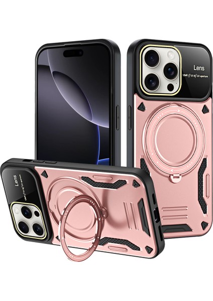 iPhone 16 Pro Max Için Çift Katmanlı Manyetik Halka Standı Magsafe Telefon Kılıf Lens Kapağı ile - Rose Gold (Yurt Dışından)