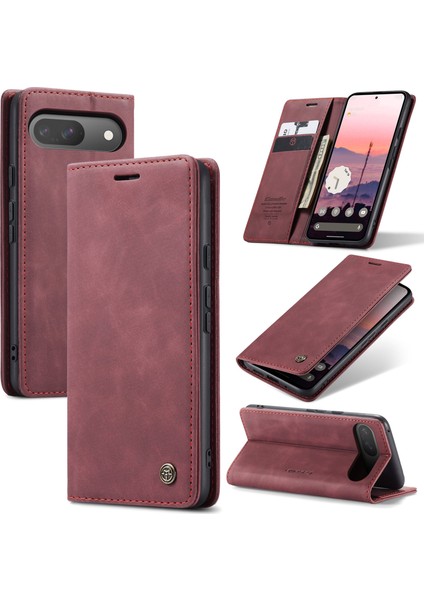 Pixel 9 Için Retro Pu Deri Cüzdan Flip Standlı Telefon Kılıfı - Kırmızı (Yurt Dışından)