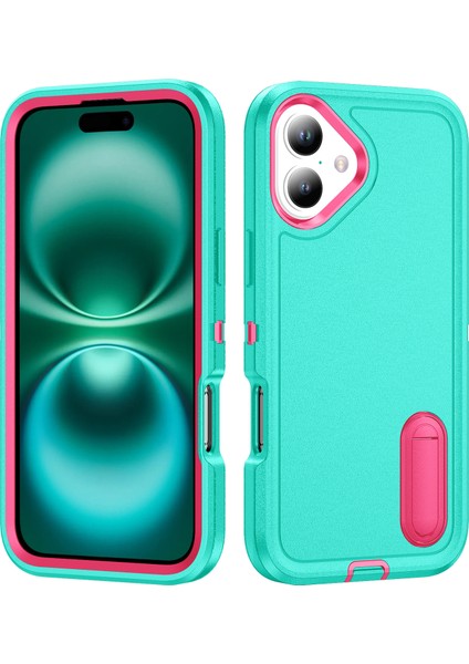 iPhone 16 Plus Için Hibrit Yumuşak Silikon Sert Pc Arka Tampon Stand Telefon Kılıfı - Turkuaz (Yurt Dışından)