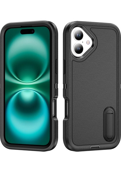 iPhone 16 Plus Için Hibrit Yumuşak Silikon Sert Pc Arka Tampon Stand Telefon Kılıfı - Siyah (Yurt Dışından)