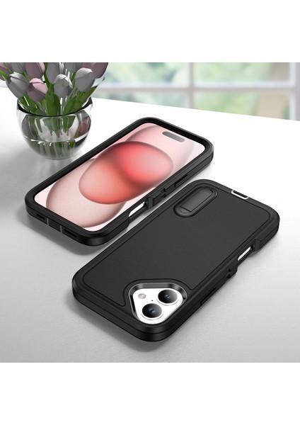 iPhone 16 Plus Için Hibrit Yumuşak Silikon Sert Pc Arka Tampon Stand Telefon Kılıfı - Siyah (Yurt Dışından)