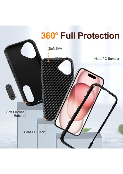 iPhone 16 Plus Için Hibrit Yumuşak Silikon Sert Pc Arka Tampon Stand Telefon Kılıfı - Siyah (Yurt Dışından)