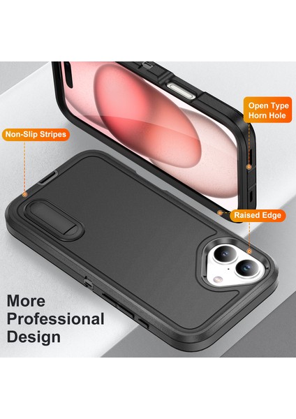 iPhone 16 Plus Için Hibrit Yumuşak Silikon Sert Pc Arka Tampon Stand Telefon Kılıfı - Siyah (Yurt Dışından)