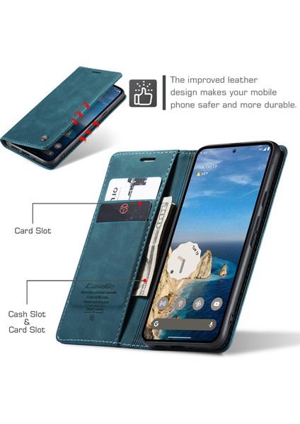Pixel 9 Için Retro Pu Deri Cüzdan Flip Standlı Telefon Kılıfı - Mavi (Yurt Dışından)