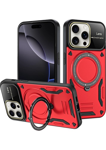 iPhone 16 Pro Max Için Çift Katmanlı Manyetik Halka Standı Magsafe Telefon Kılıf Lens Kapağı ile - Kırmızı (Yurt Dışından)