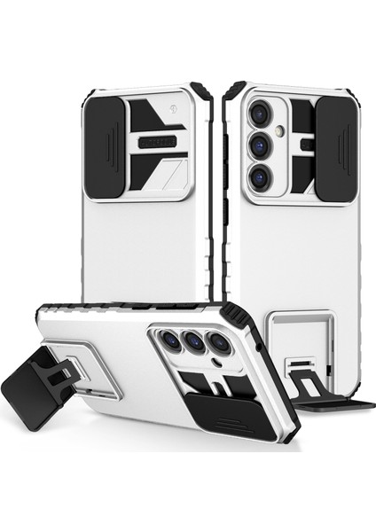 Samsung Galaxy S23 Fe Kayar Kamera Kapaklı Sağlam Standı Telefon Kılıfı - Beyaz (Yurt Dışından)
